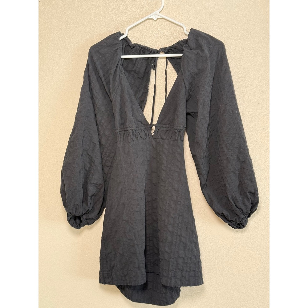 Free PeopleTextured Black Open Mini Dress Long Balloon Sleeve V-Neck Tie Back
